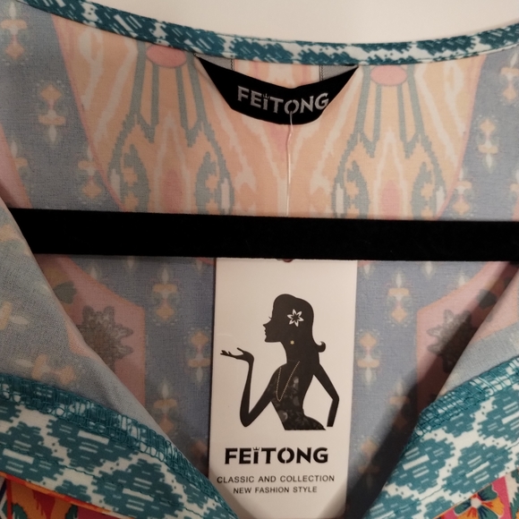 Feitong colorful printed moroccan boho popover mini dress tunic top - Picture 12 of 13